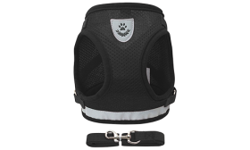Black reflective dog harness vest with matching leash, lightweight, with reflective material for enhanced visibility.