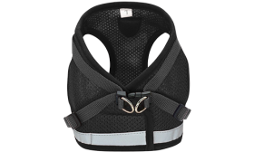 Black reflective dog harness vest with matching leash, lightweight, adjustable for comfortable and secure fit.