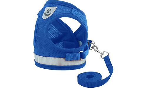 Reflective Dog Harness Vest with Matching Leash Blue reflective dog harness vest with matching leash, lightweight, with breathable mesh fabric for comfort fit.