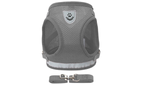 Reflective Dog Harness Vest with Matching Leash Silver reflective dog harness vest with matching leash, lightweight, with breathable mesh fabric for comfort fit.