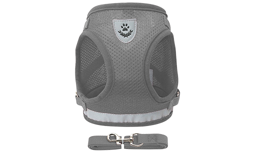 Reflective Dog Harness Vest with Matching Leash Silver reflective dog harness vest with matching leash, lightweight, with breathable mesh fabric for comfort fit.