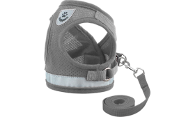 Reflective Dog Harness Vest with Matching Leash Silver reflective dog harness vest with matching leash, lightweight, adjustable for comfortable and secure fit.