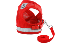 Reflective Dog Harness Vest with Matching Leash Red reflective dog harness vest with matching leash, lightweight, with breathable mesh fabric for comfort fit.
