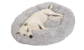 Luxury soft dog bed in a round shape, grey colour, high-quality soft material, for ultimate comfort and support.