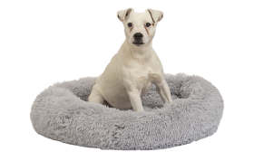 Luxury soft dog bed in a round shape, grey colour, high-quality soft material, with plush for cosy comfort.