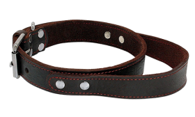 Brown genuine leather dog collar with quick-grab handle, durable and strong, with adjustable metal buckle.