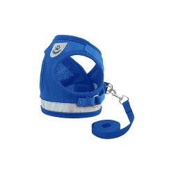 Blue reflective cat harness vest with a matching leash, seamless and stylish, high-quality nylon, versatile and practical.