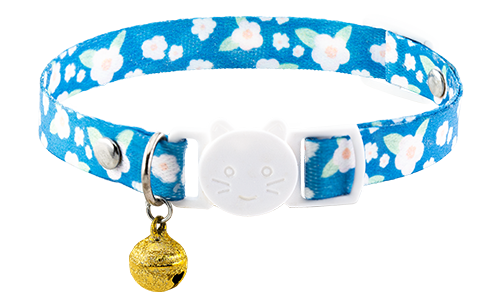 Breakaway Cat Collar Breakaway cat collar with an blue floral design, adjustable and lightweight for comfort, with a white buckle and gold bell.