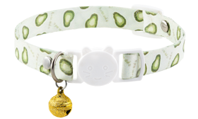 Breakaway cat collar with an kiwi design, adjustable and lightweight for comfort, with a white buckle and gold bell.