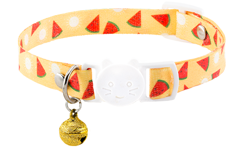 Breakaway cat collar with an watermelon design, adjustable and lightweight for comfort, with a white buckle and gold bell.