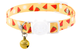 Breakaway cat collar with an watermelon design, adjustable and lightweight for comfort, with a white buckle and gold bell.