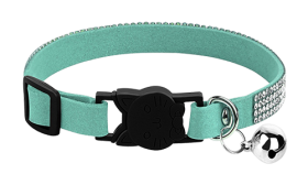 Luxury turquoise breakaway cat collar with crystals, adjustable and lightweight for comfort, with a cat-shaped buckle.
