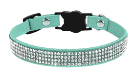 Luxury turquoise breakaway cat collar with crystals, and lightweight for comfort, cat-shaped buckle and a silver bell.