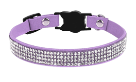 Luxury purple breakaway cat collar with crystals, and lightweight for comfort, cat-shaped buckle and a purple bell.