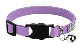 Luxury purple breakaway cat collar with crystals, adjustable and lightweight for comfort, with a cat-shaped buckle.