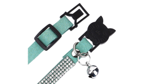 Luxury turquoise breakaway cat collar with crystals, adjustable and lightweight for comfort, with a turquoise bell.