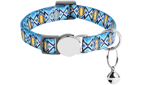 Blue patterned breakaway cat collar with a metallic buckle, adjustable and lightweight for comfort, with a small bell.