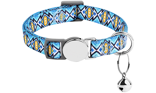 Breakaway Cat Collar with Metalic Buckle Blue patterned breakaway cat collar with a metallic buckle, adjustable and lightweight for comfort, with a small bell.