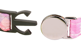 Pink plaid-patterned breakaway cat collar with a metallic buckle, 1cm wide with safety buckle and with silver bell.