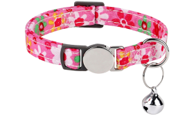 Red floral-patterned breakaway cat collar with a metallic buckle, adjustable and lightweight for comfort, with silver bell.