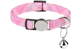 Pink plaid-patterned breakaway cat collar with a metallic buckle, adjustable and lightweight for comfort, with silver bell.