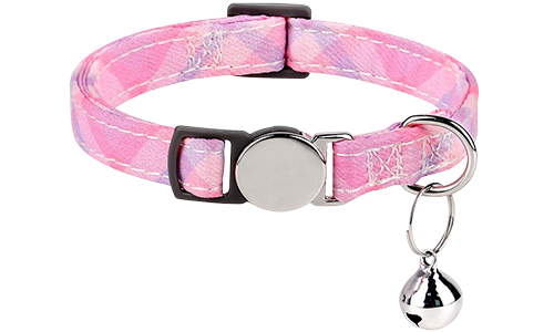 Breakaway Cat Collar with Metalic Buckle Pink plaid-patterned breakaway cat collar with a metallic buckle, adjustable and lightweight for comfort, with silver bell.
