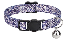 Bohemian-style breakaway cat collar with blue and white pattern, adjustable and lightweight, with silver bell.