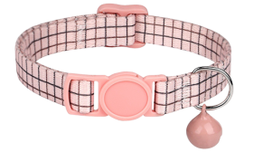 Pink checkered breakaway cat collar, adjustable and lightweight, matching pink buckle and bell.