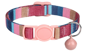 Bohemian Style Breakaway Cat Collar Striped pink breakaway cat collar, adjustable and lightweight, with matching pink buckle and bell.