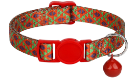 Bohemian Style Breakaway Cat Collar Vibrant geometric-pattern breakaway red cat collar, adjustable and lightweight, with matching red buckle and bell.