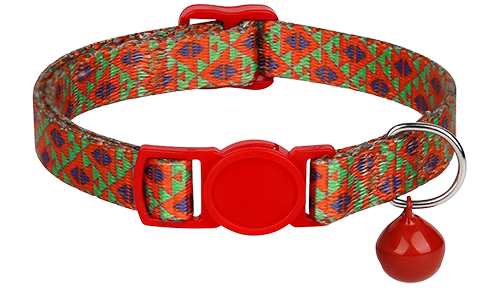 Bohemian Style Breakaway Cat Collar Vibrant geometric-pattern breakaway red cat collar, adjustable and lightweight, with matching red buckle and bell.