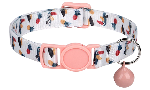 Cute breakaway cat collar with colourful toucan and fruit pattern, adjustable and lightweight, with pink buckle and bell.