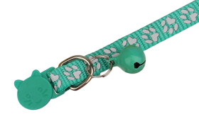 Turquoise paw-patterned breakaway cat collar, adjustable and lightweight for comfort, safety buckle with matching bell.