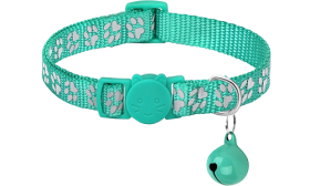 Turquoise paw-patterned breakaway cat collar, adjustable and lightweight for comfort, reflective with matching bell.