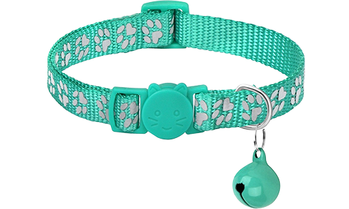 Paw-pattern Breakaway Cat Collar Turquoise paw-patterned breakaway cat collar, adjustable and lightweight for comfort, reflective with matching bell.