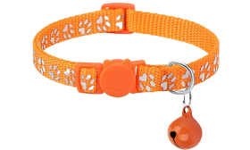 Paw-pattern Breakaway Cat Collar Orange paw-patterned breakaway cat collar, adjustable and lightweight for comfort, safety buckle with matching bell.