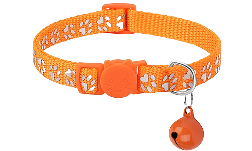 Paw-pattern Breakaway Cat Collar Orange paw-patterned breakaway cat collar, adjustable and lightweight for comfort, safety buckle with matching bell.