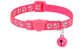 Pink paw-patterned breakaway cat collar, adjustable and lightweight for comfort, safety buckle with matching bell.