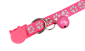 Pink paw-patterned breakaway cat collar, adjustable and lightweight for comfort, reflective feature with matching bell.