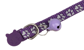 Purple paw-patterned breakaway cat collar, adjustable and lightweight for comfort, reflective feature with matching bell.