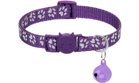 Purple paw-patterned breakaway cat collar, adjustable and lightweight for comfort, safety buckle with matching bell.