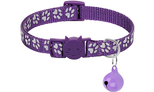 Paw-pattern Breakaway Cat Collar Purple paw-patterned breakaway cat collar, adjustable and lightweight for comfort, safety buckle with matching bell.
