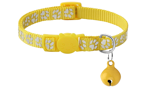 Paw-pattern Breakaway Cat Collar Yellow paw-patterned breakaway cat collar, adjustable and lightweight for comfort, safety buckle with matching bell.