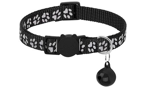 Paw-pattern Breakaway Cat Collar Black paw-patterned breakaway cat collar, adjustable and lightweight for comfort, safety buckle with matching bell.