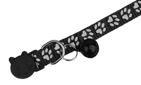 Black paw-patterned breakaway cat collar, adjustable and lightweight for comfort, reflective feature with matching bell.