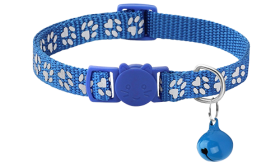 Paw-pattern Breakaway Cat Collar Blue paw-patterned breakaway cat collar, adjustable and lightweight for comfort, safety buckle with matching bell.