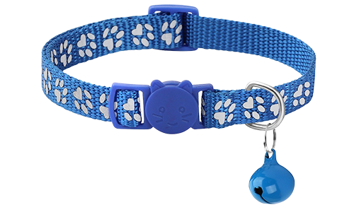 Paw-pattern Breakaway Cat Collar Blue paw-patterned breakaway cat collar, adjustable and lightweight for comfort, safety buckle with matching bell.