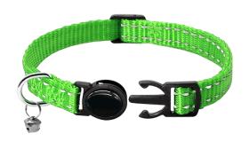 Reflective green breakaway cat collar, adjustable 21-34cm length and 1cm wide, secure breakaway buckle and a red bell.