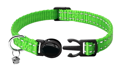 Reflective Breakaway Cat Collar Reflective green breakaway cat collar, adjustable 21-34cm length and 1cm wide, secure breakaway buckle and a red bell.