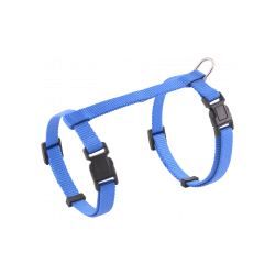 Blue cat harness with adjustable straps and a sturdy metal D-ring for leash attachment, for secure and comfortable use.